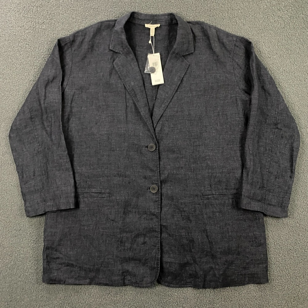 $348 Eileen Fisher Jacket size‎ XL 100% Linen Notch Collar Blazer Blue NEW